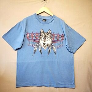 VTG Diamond Dust Wolf Shirt Mens L Blue Native Glitter Graphic 1998 90s USA Boho